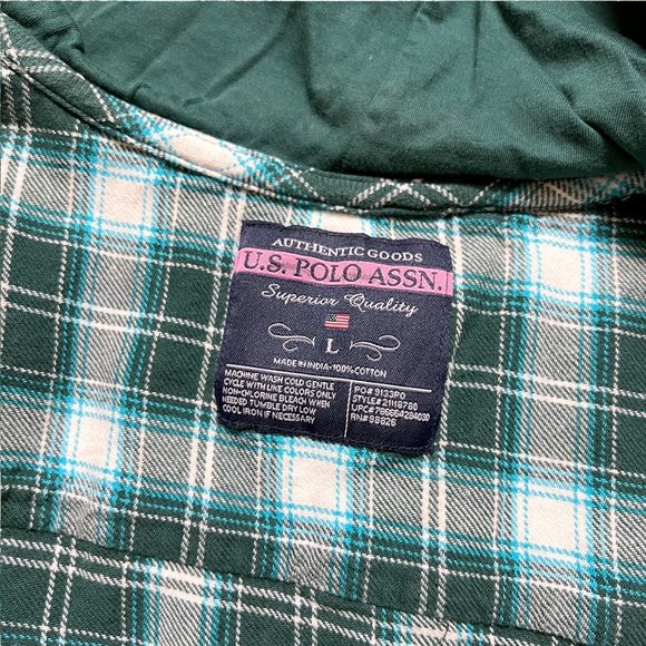 U.S. Polo Assn. Green and White Plaid Flannel Top with Hood (L) - Picture 10 of 10